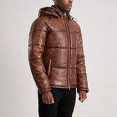 Mens Waxed Brown Hooded Leather Puffer Jacket